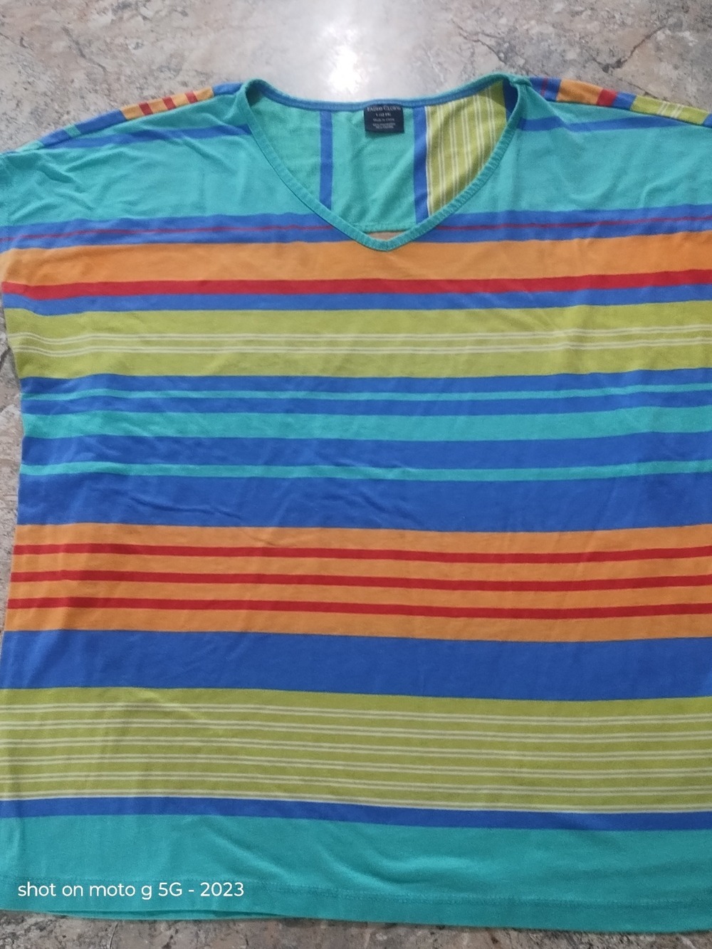 Womans V-Neck Stripe Tee Teal Blue Orange